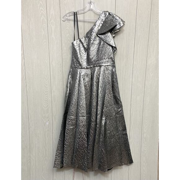 Mac Duggal Silver One Shoulder Bow Midi Dress 67906 Size 8 NWT - Picture 5 of 9